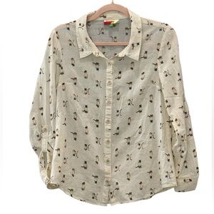Fervour Cat print Cream Button-Up Blouse size Medium